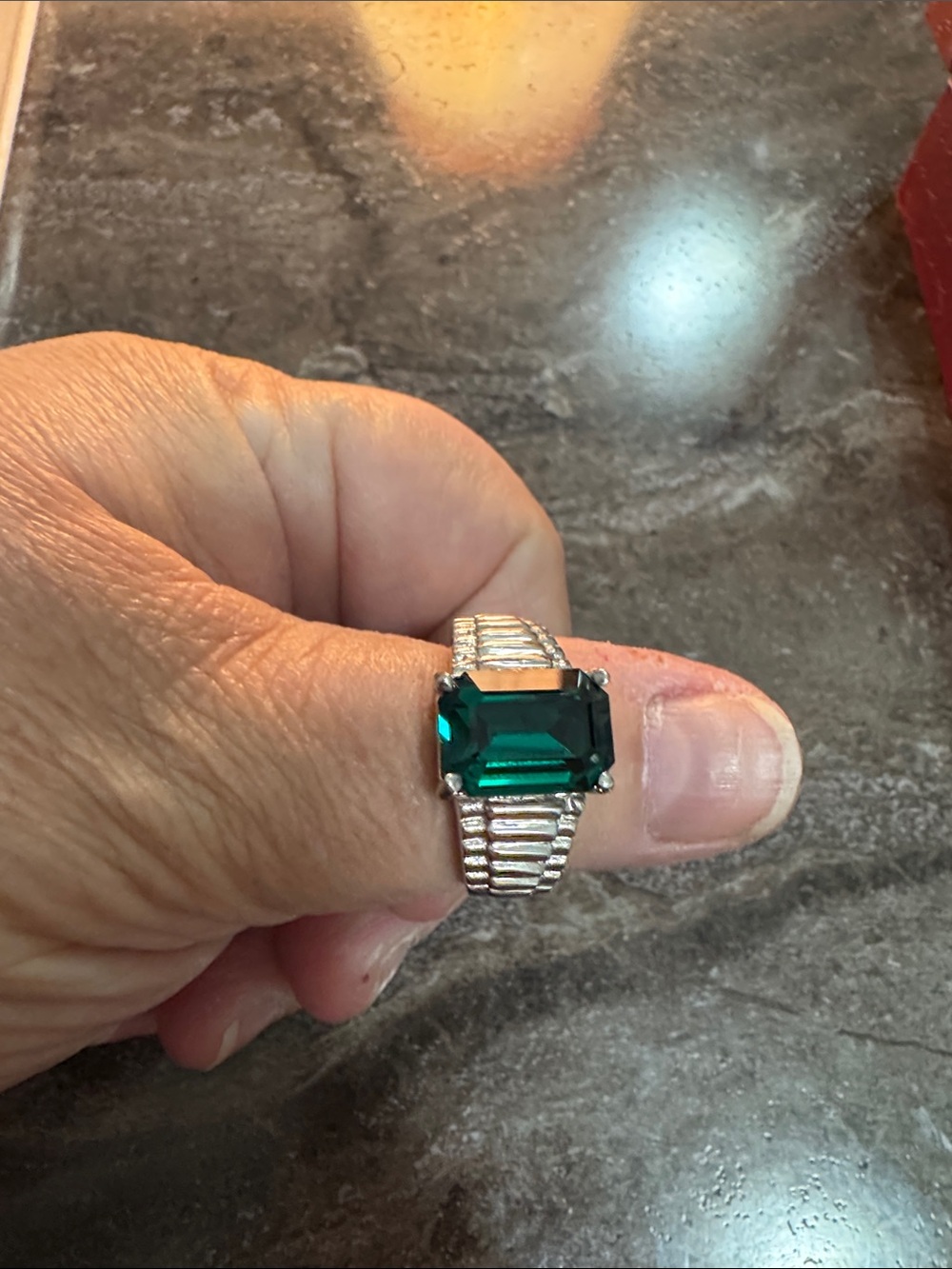 Emerald Green Cushion-Cut Statement Ring - Silver Tone